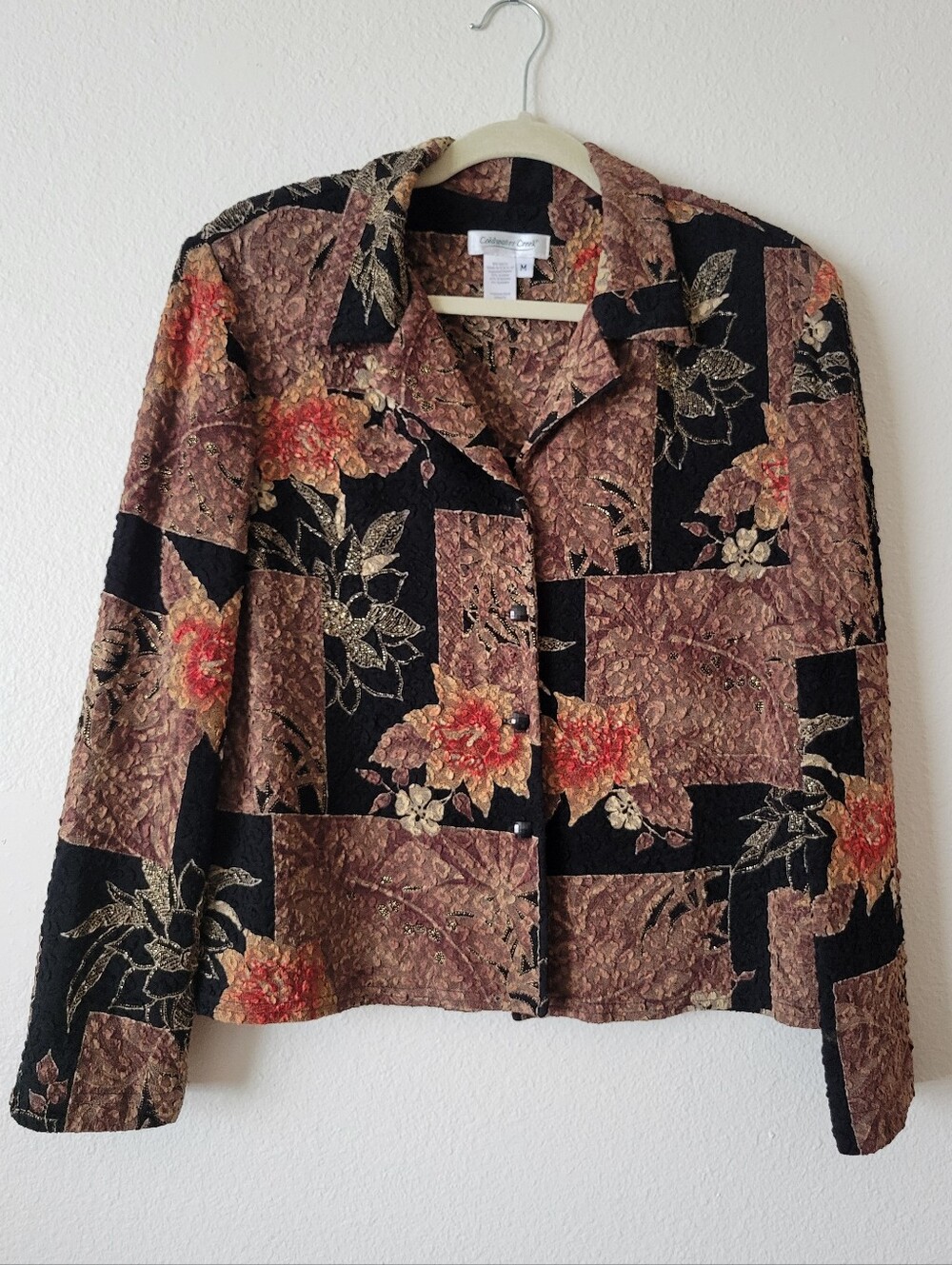 Coldwater Creek Black, Brown and Gold Floral Patchwork Blazer with Gold Accent M